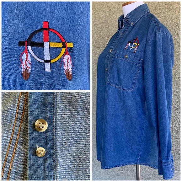 🔥5/$20🔥 “LA Loving” Denim Chambray Shirt Embroidery Size S - Picture 3 of 8